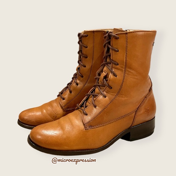 Frye Melissa Lace Up Cognac Leather Casual Streetwear Vintage Short Ankle Boot - Picture 8 of 16
